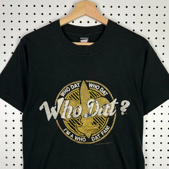 Who Dat New Orleans Saints T Shirt Size Small 90s Black USA‎ NFL Who Dat Fan - Picture 1 of 6